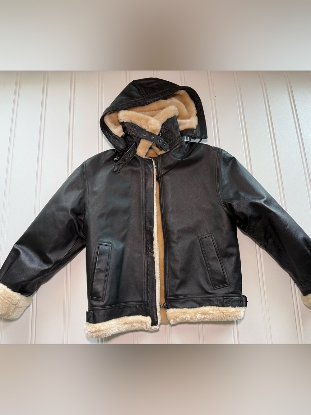 Leather Man Fleece Fur Liner Bomber Jacket Women Large Black Hooded